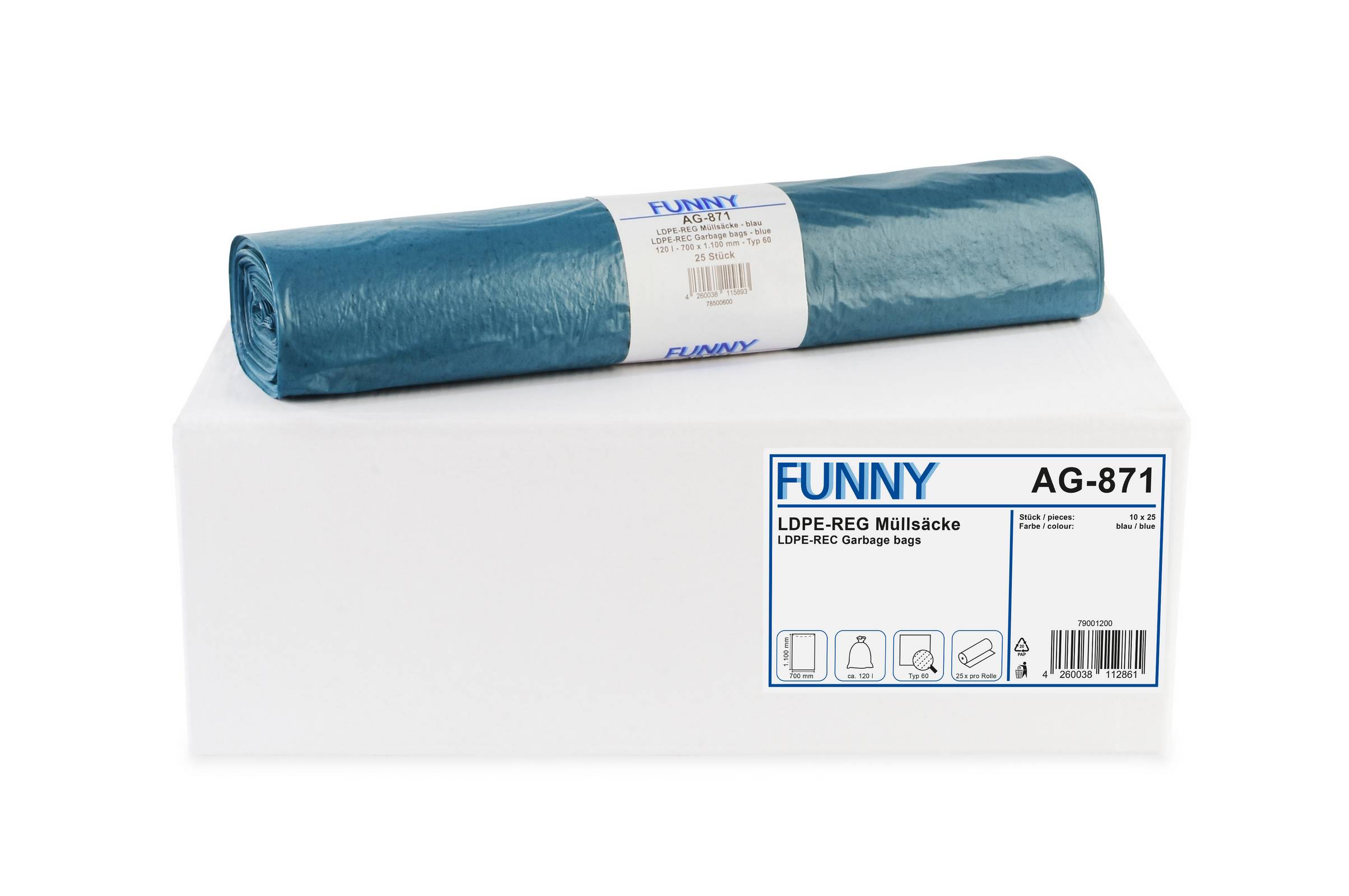 LDPE-Regenerat Müllsäcke, blau,  ,Typ 60, 120 l, 700 x 1.100 mm, VE= 10 Rollen à 25 Stück