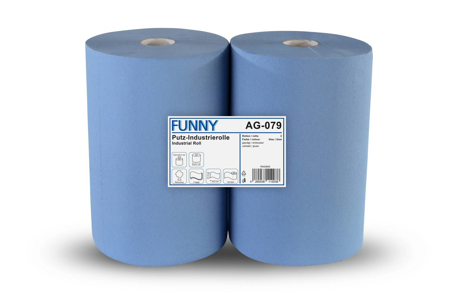 Industriepapierrolle blau, 3-lagig, 500 Blatt perforiert, 37,5 x 34 cm, 1 VE = 2 Rollen
